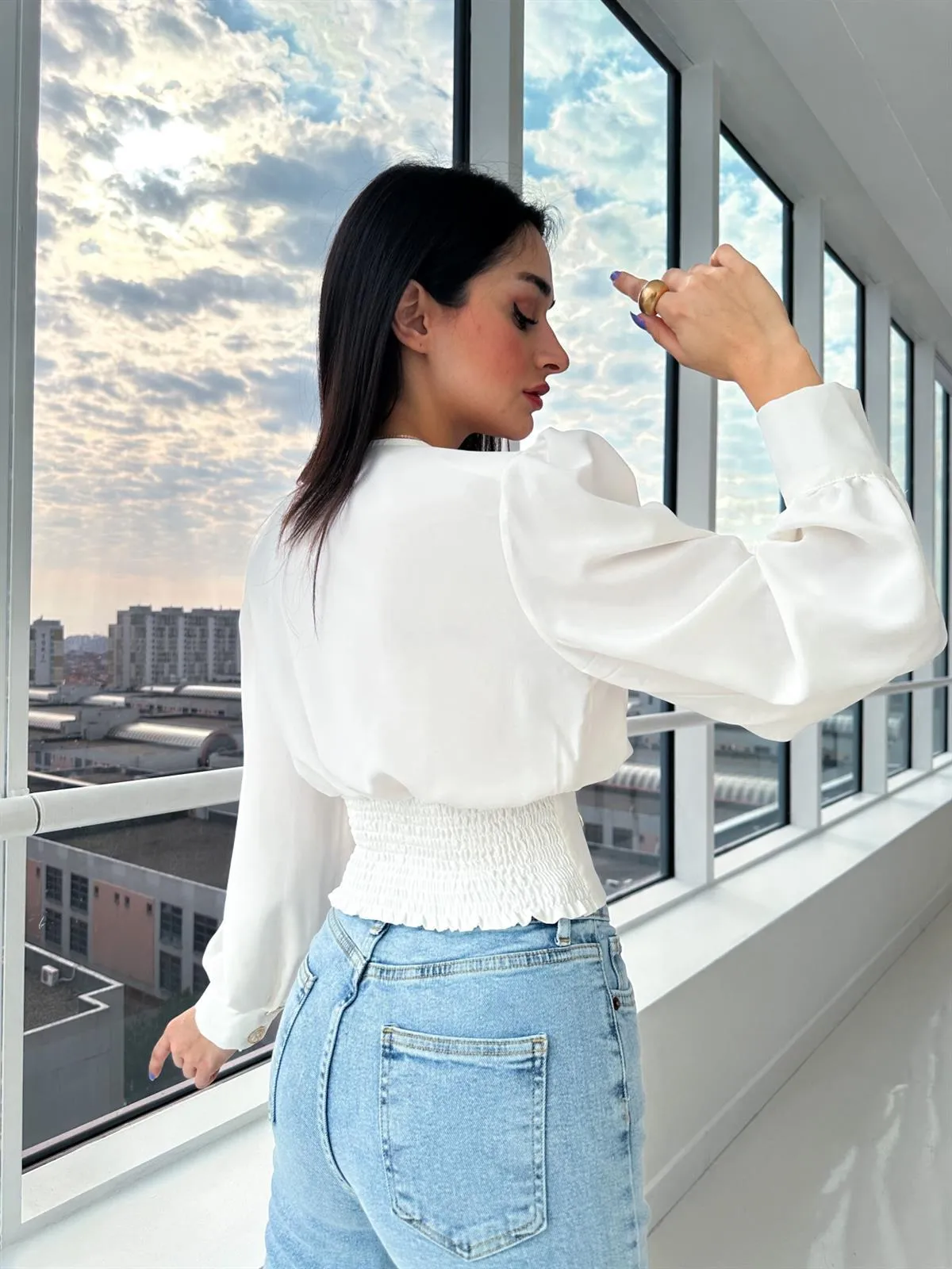 Elegant Solid Women Blouse Shirts Vintage Retro Peplum White V Neck Female Blouses Puff Casual Blusa Mujer