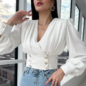 Elegant Solid Women Blouse Shirts Vintage Retro Peplum White V Neck Female Blouses Puff Casual Blusa Mujer