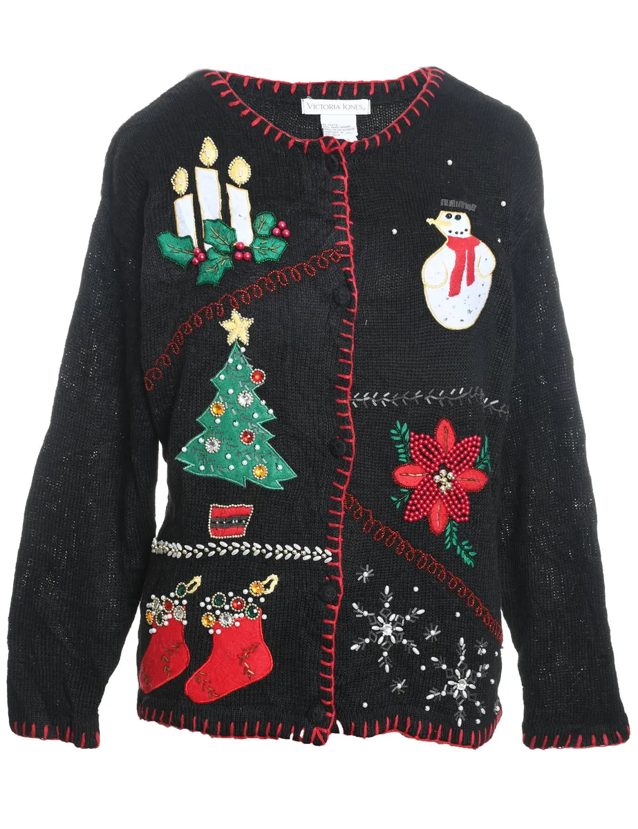 Festive Design Black Sparkly Embroidered Christmas Cardigan - M