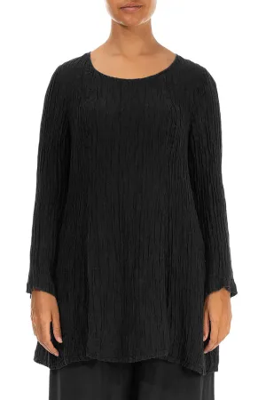 Flared Crinkled Black Silk Tunic