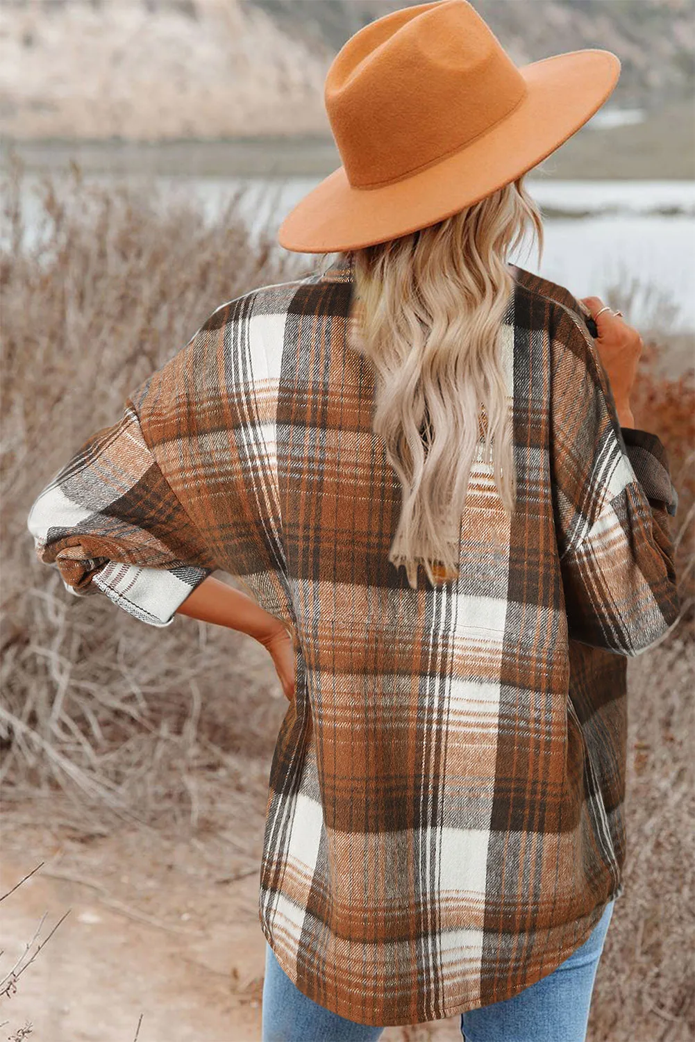 Gold Flame & Grey Plaid Button Up Collared Flannel Shacket