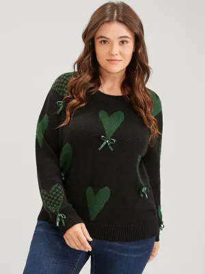 Heart Print Contrast Pointelle Knit Bowknot Beaded Knit Top