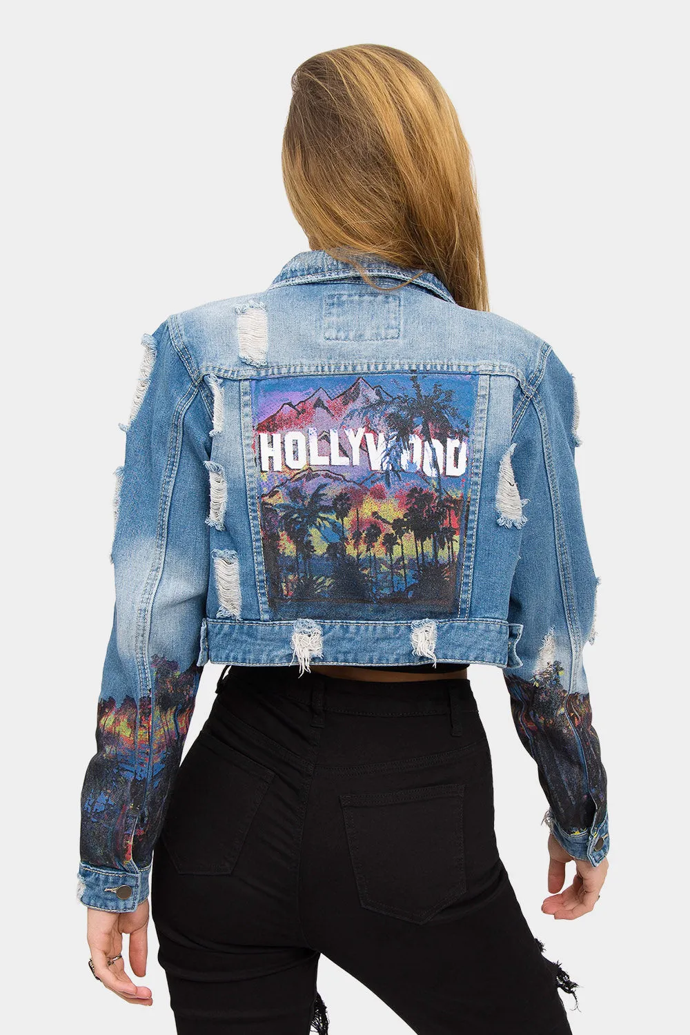 Hollywood Print Cropped Denim Jacket