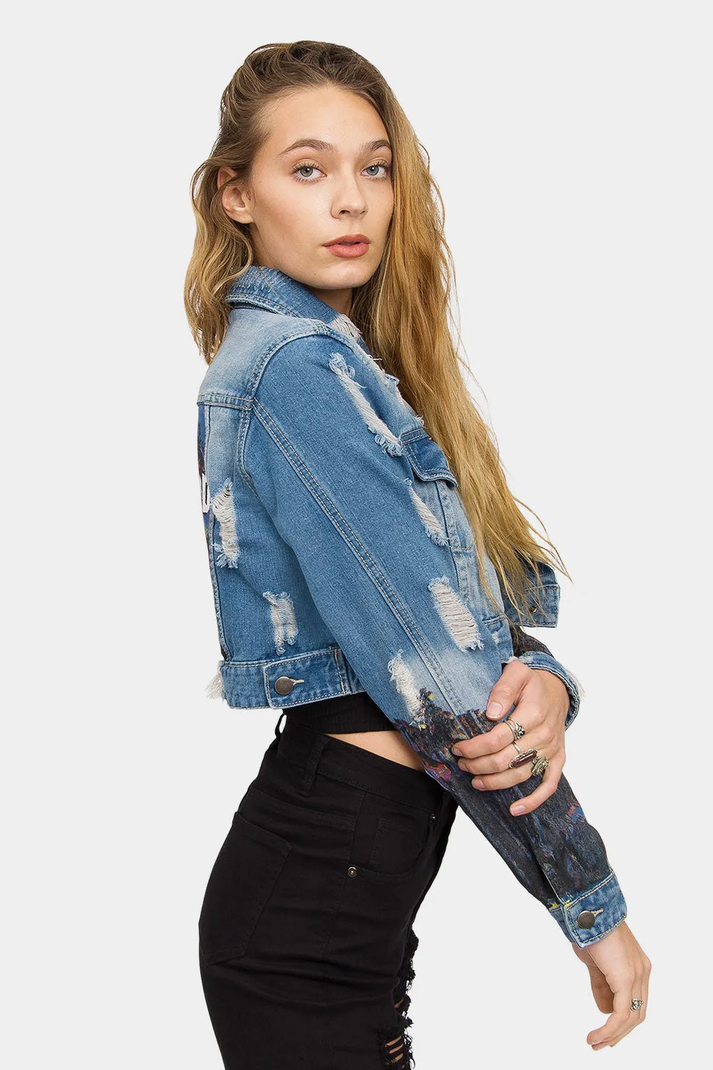 Hollywood Print Cropped Denim Jacket