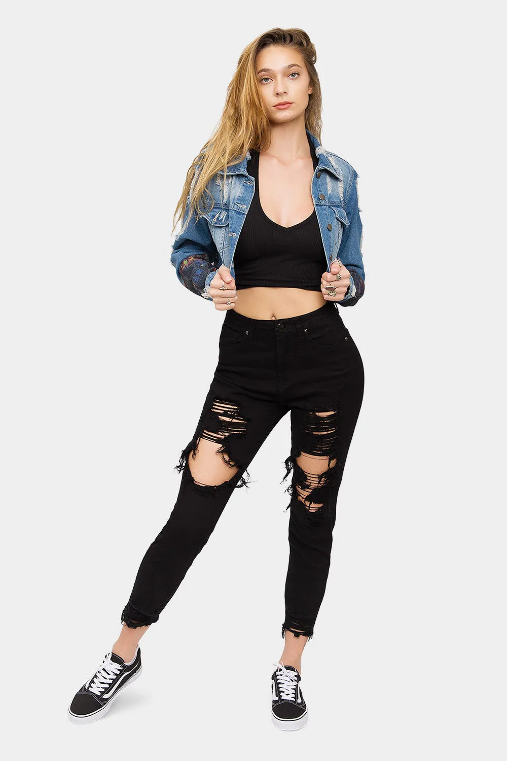 Hollywood Print Cropped Denim Jacket