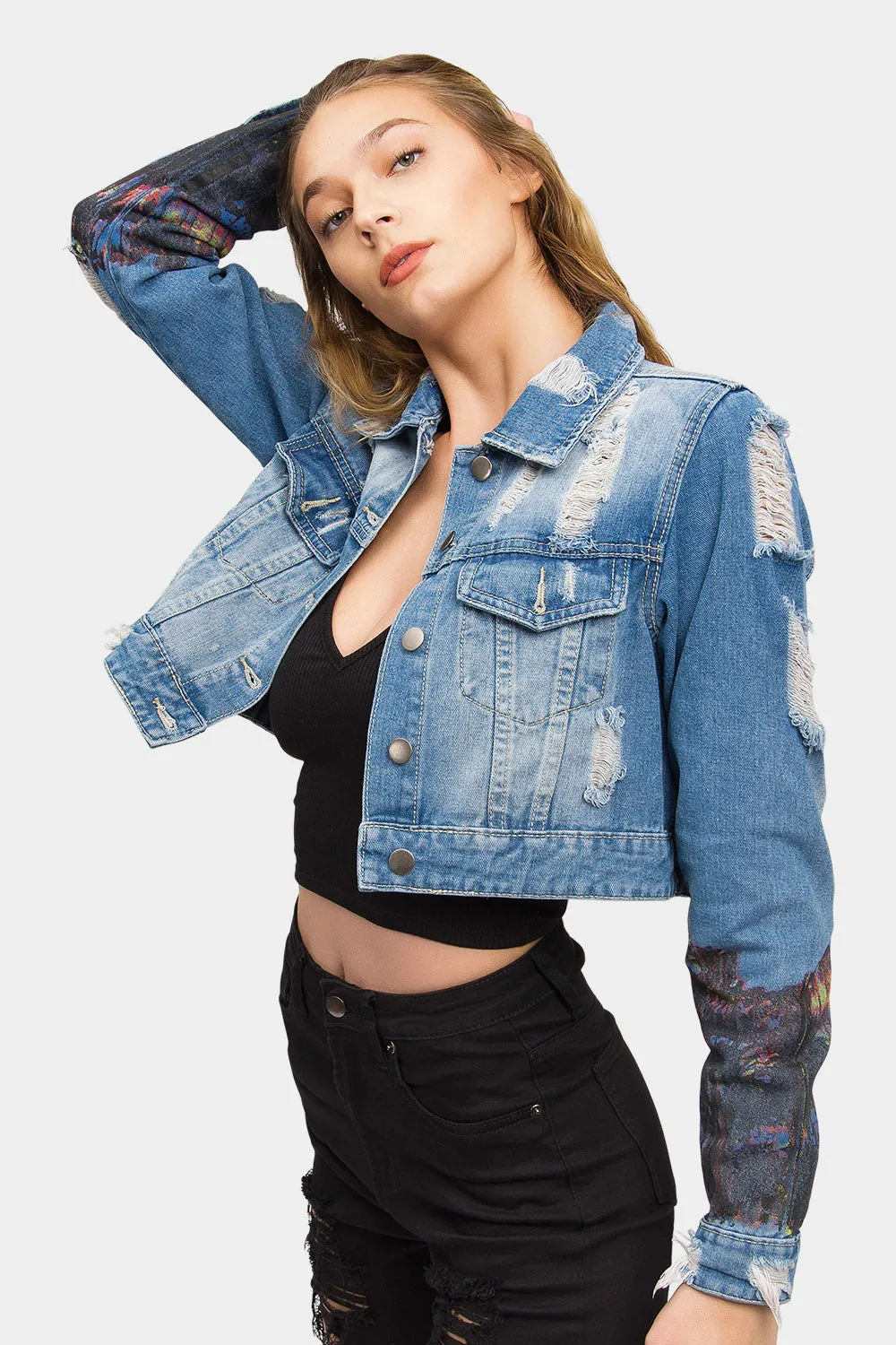 Hollywood Print Cropped Denim Jacket