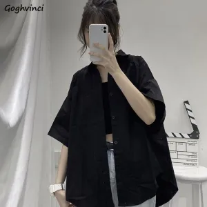 Joskaa Blouses Women Short Sleeve Solid Harajuku Loose Vintage Womens Shirts Tops All-match BF Oversize Summer All-match Chic Stylish