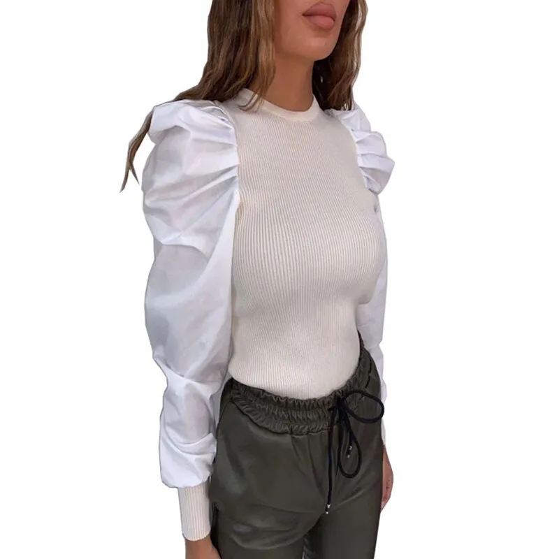 Joskaa Elegant Autumn Puff Long Sleeve Shirt Blouse Spring Women Rib Knitted Pullover Tops Solid Female Buttons Streetwear Blusas Mujer