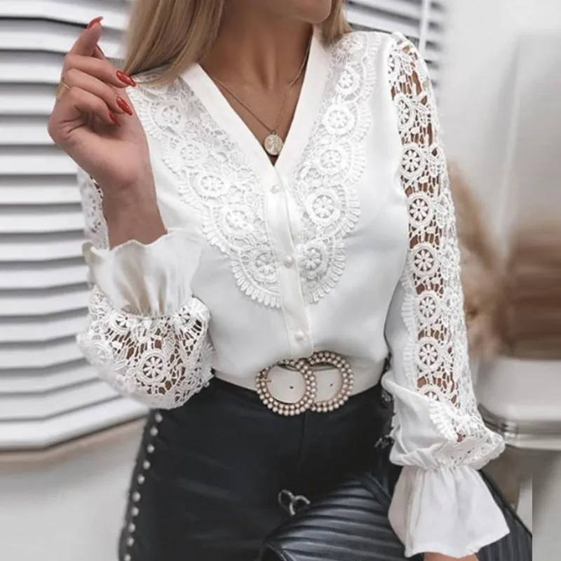 Joskaa-Spring V Neck Hollow Out Blouse Elegant Button Office Lady White Shirt Autumn Women Long Sleeve Lace Tops Blusa Streetwear