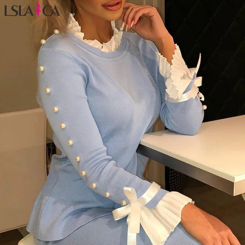 Joskaa Women long sleeve shirts Bowknot Buttoned Bell Cuff Blouse women blouses casual elegant knit wild office splicing blouses women