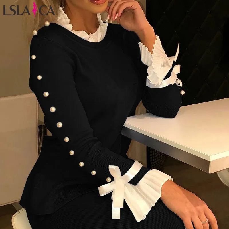 Joskaa Women long sleeve shirts Bowknot Buttoned Bell Cuff Blouse women blouses casual elegant knit wild office splicing blouses women