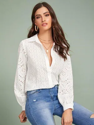 Lantern Sleeve Eyelet Embroidered Blouse