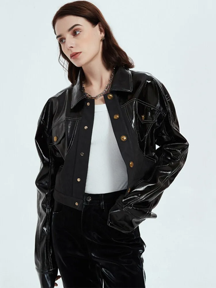 LAUTARO Stunningly Cool Patent Faux Leather Jacket