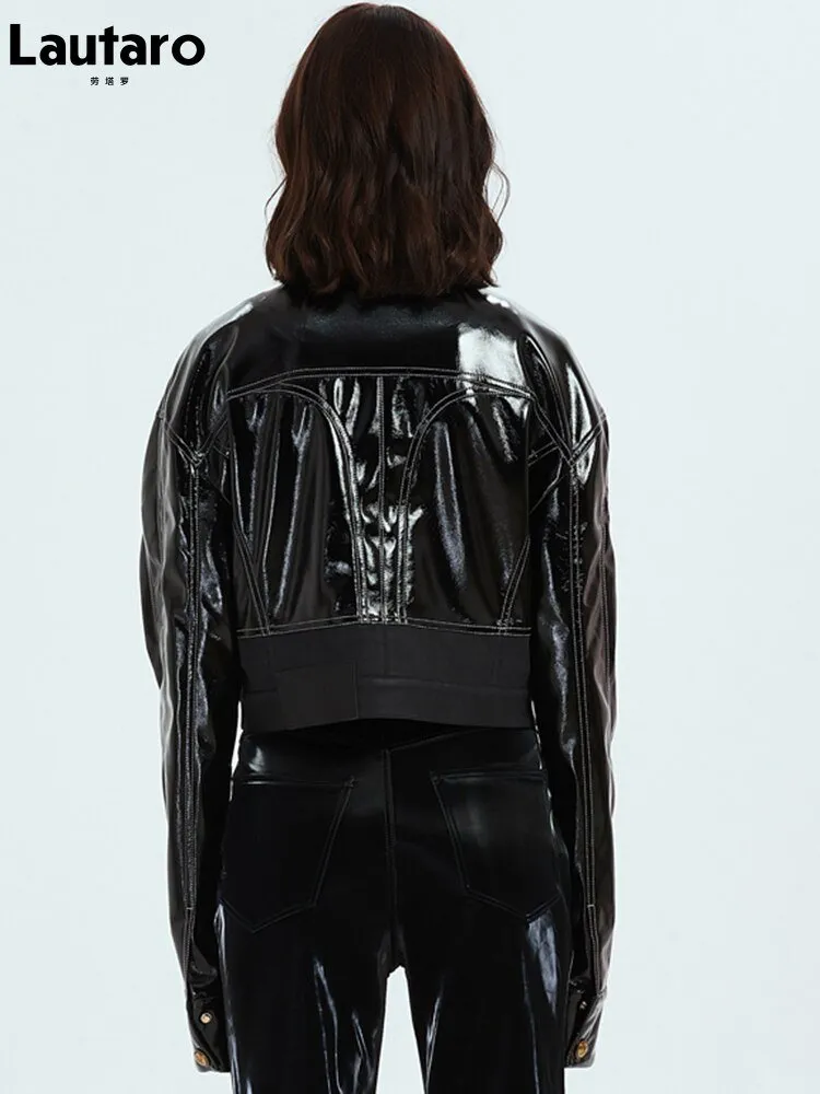 LAUTARO Stunningly Cool Patent Faux Leather Jacket