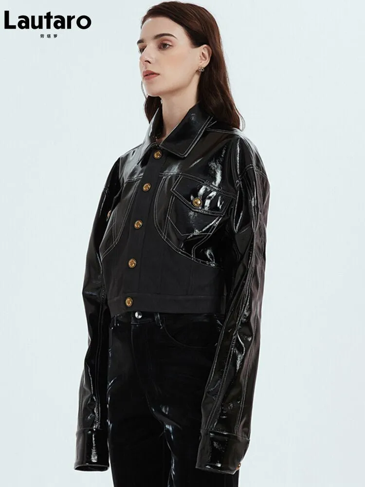 LAUTARO Stunningly Cool Patent Faux Leather Jacket