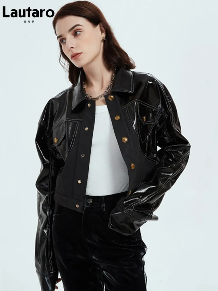 LAUTARO Stunningly Cool Patent Faux Leather Jacket