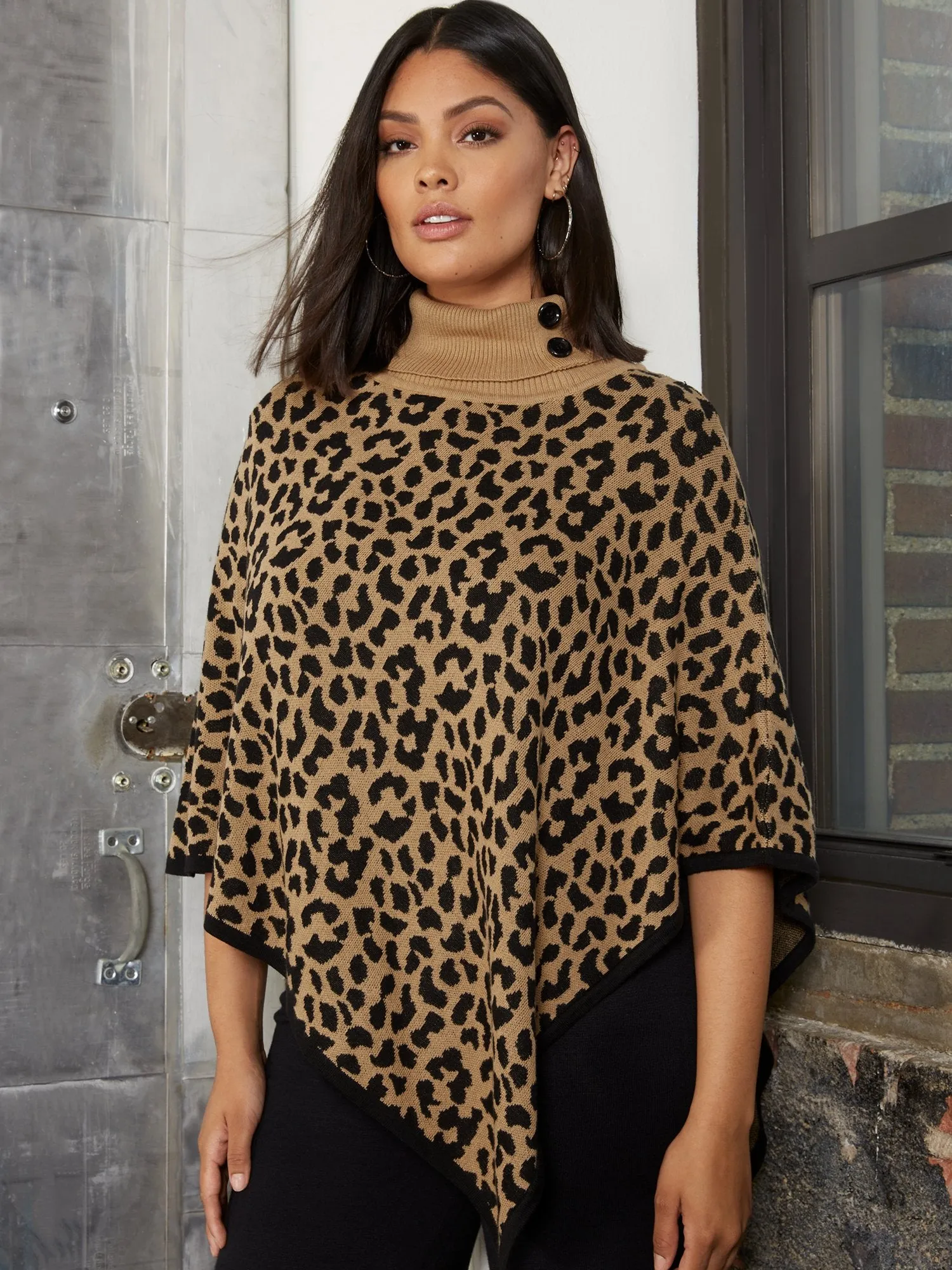 Leopard-Print Cable-Knit Button-Detail Cape