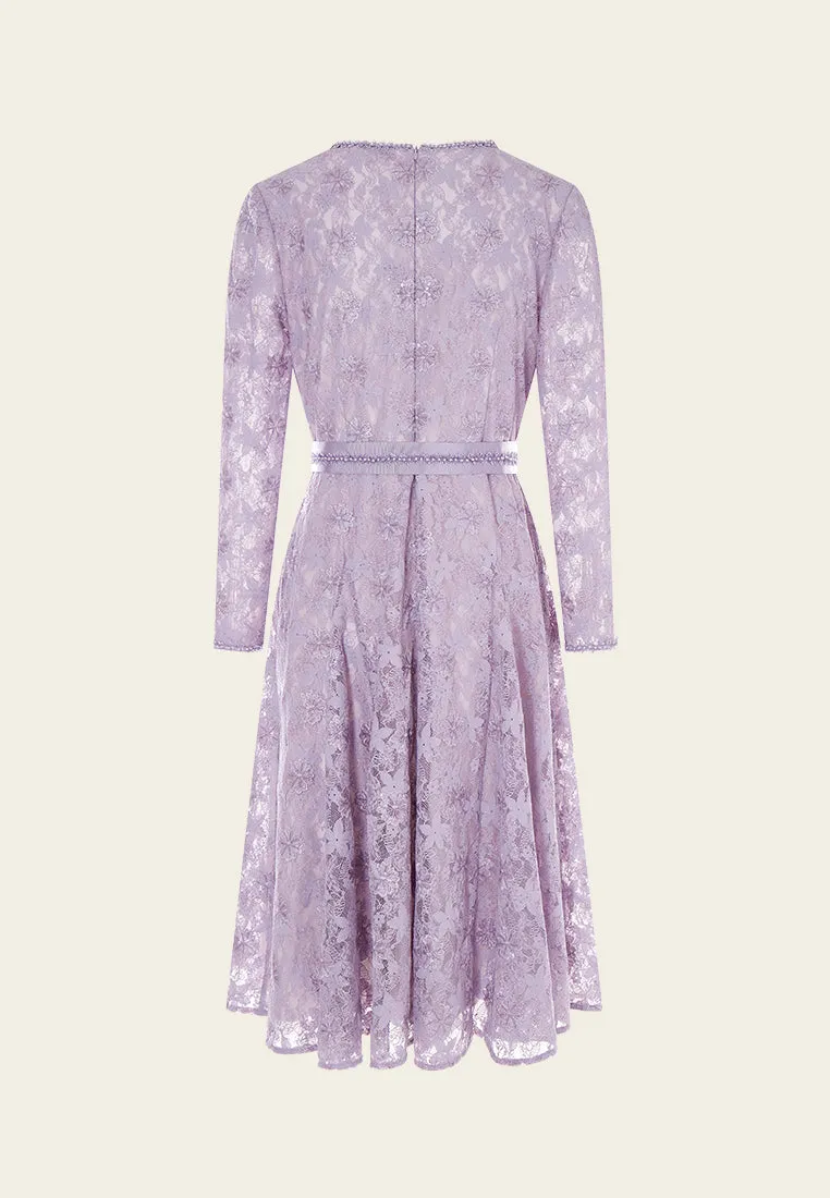 Lilac Tie-belted Lace Dress