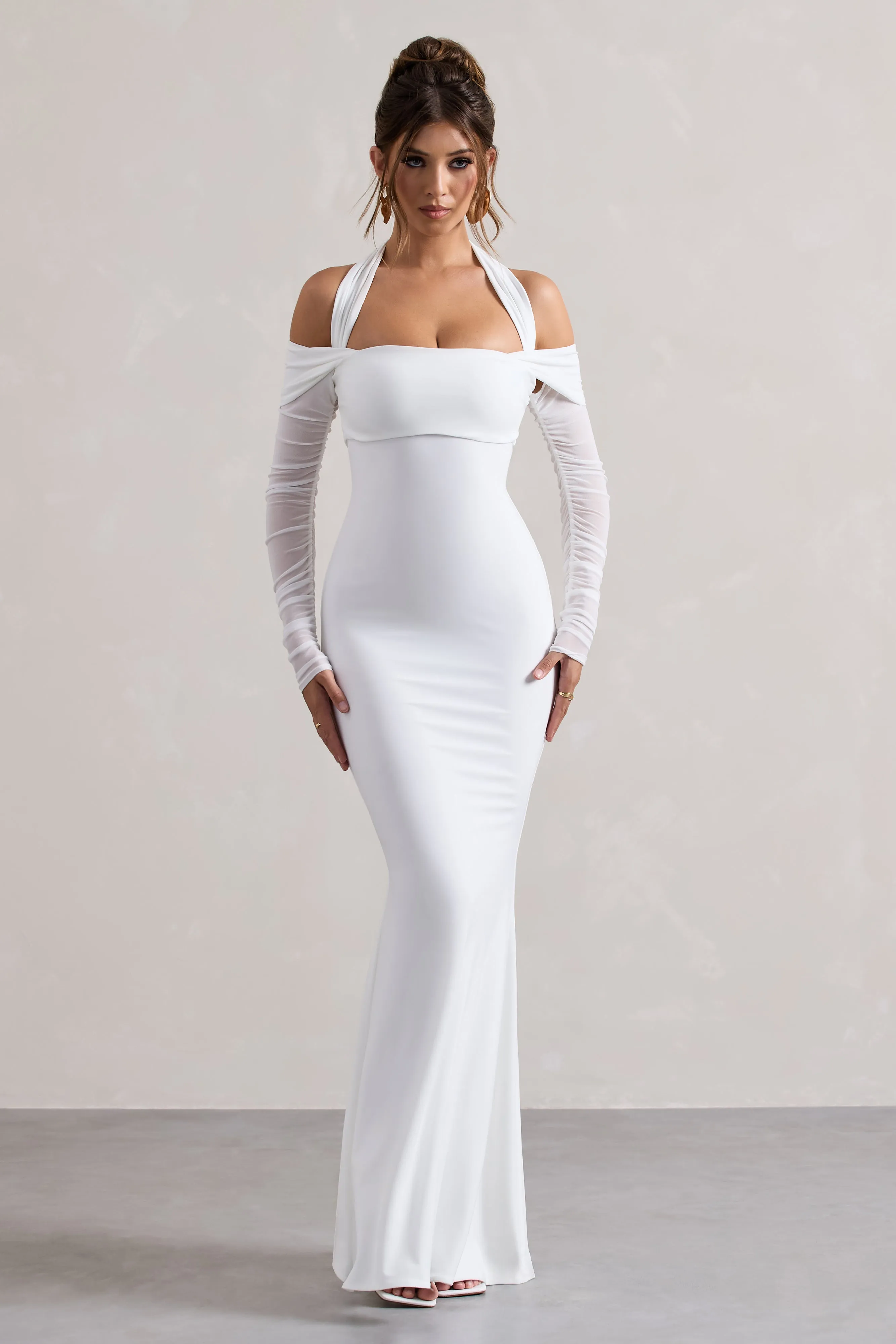 Malisha | White Halter-Neck Long-Sleeve Fishtail Maxi Dress