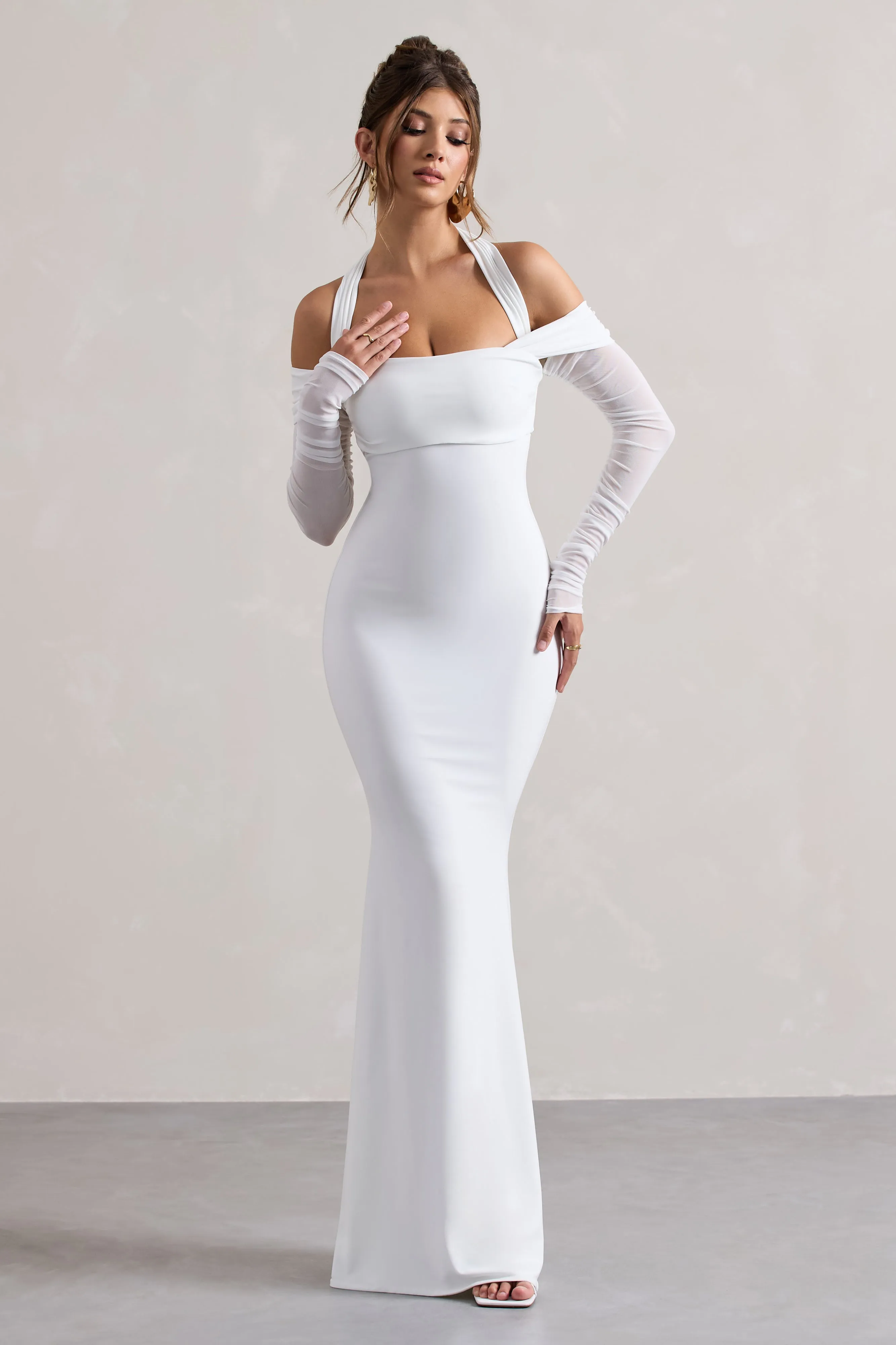 Malisha | White Halter-Neck Long-Sleeve Fishtail Maxi Dress