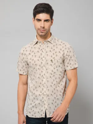 Men's Beige Casual Floral Print Half Sleeve Shirt