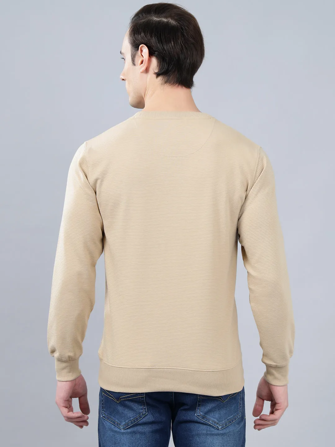 Men's Beige Self Design Full Sleeves T-shirt For Winter