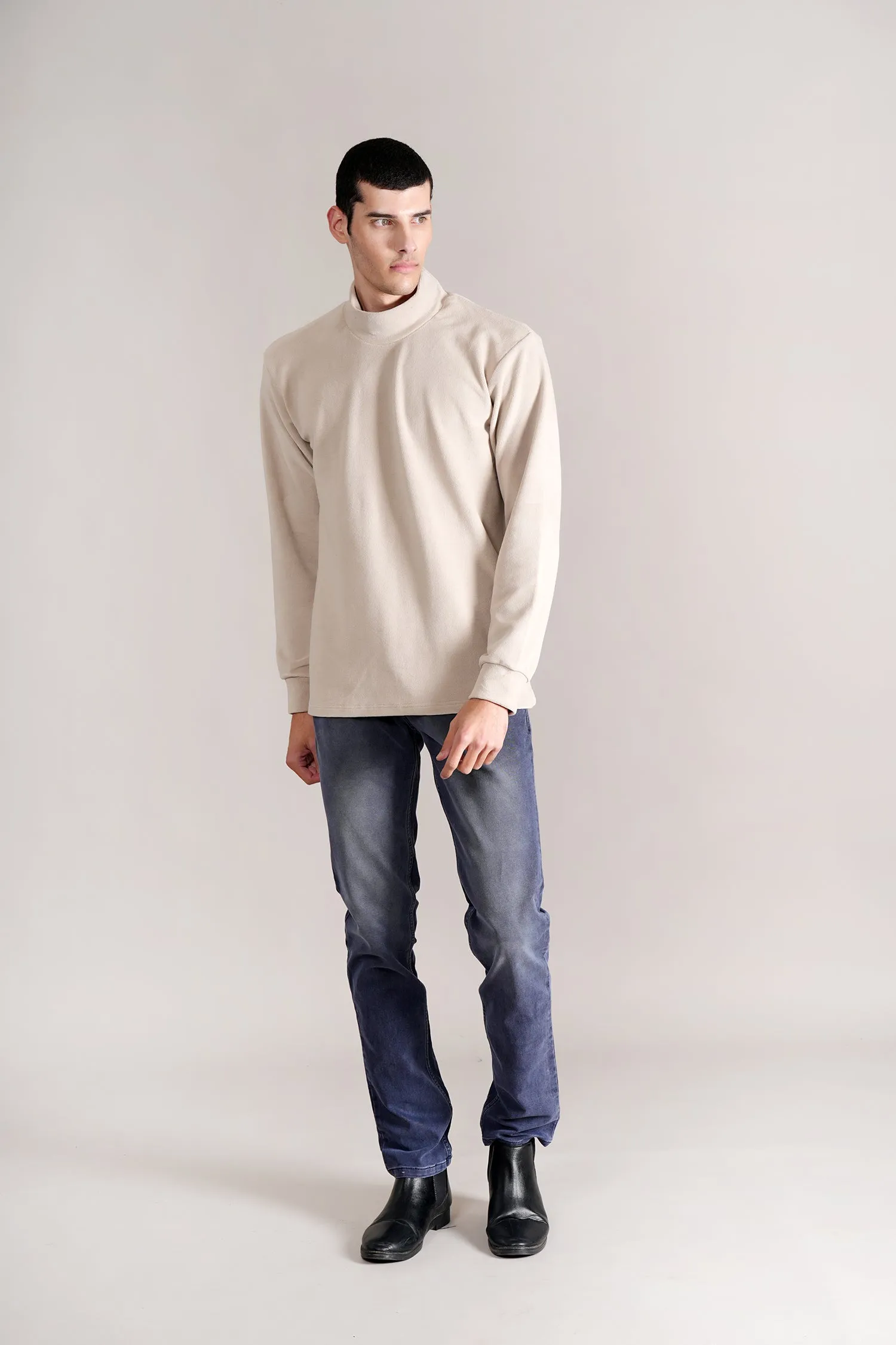 Men's Beige Solid Full Sleeves High Neck T-shirt