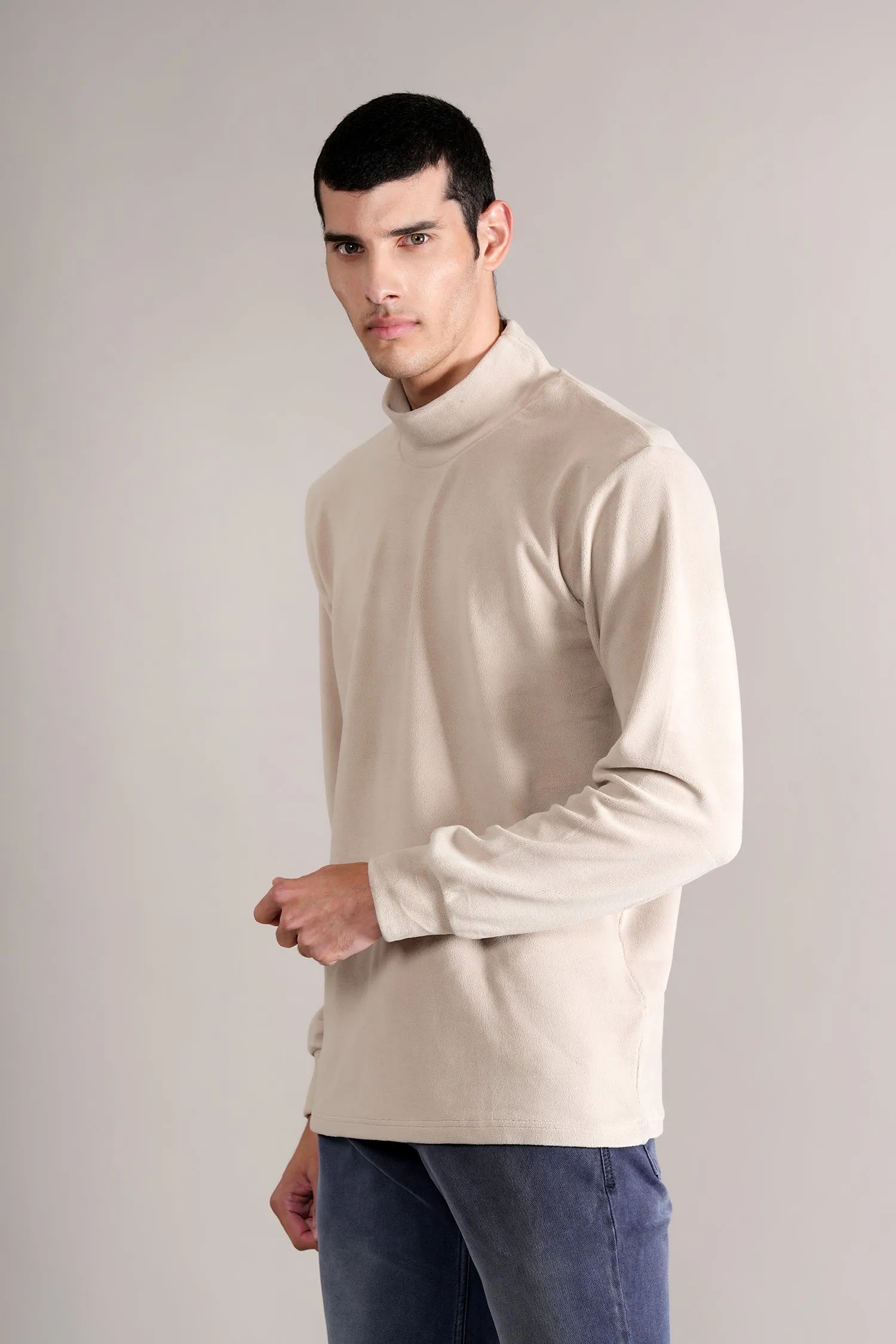 Men's Beige Solid Full Sleeves High Neck T-shirt