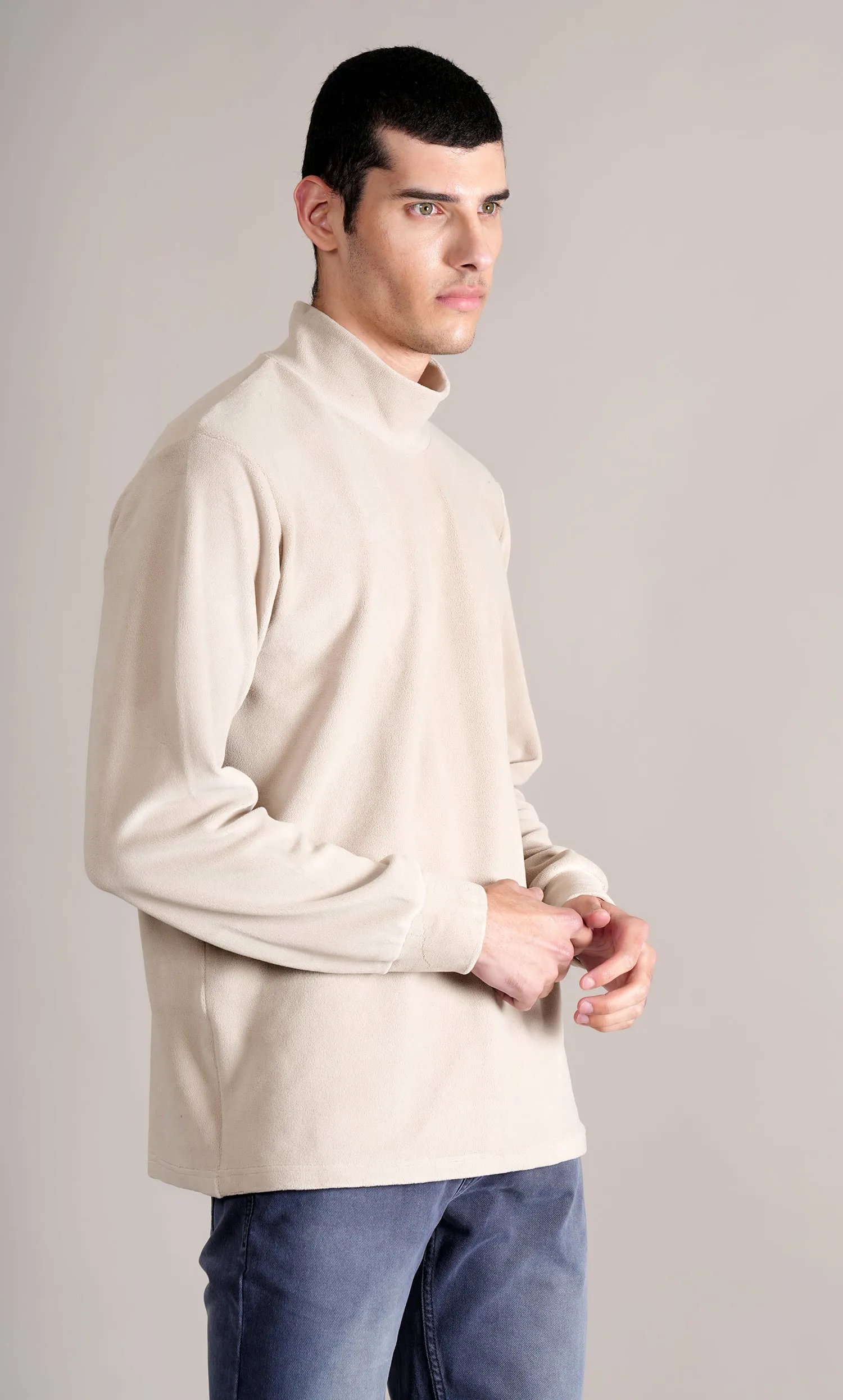 Men's Beige Solid Full Sleeves High Neck T-shirt