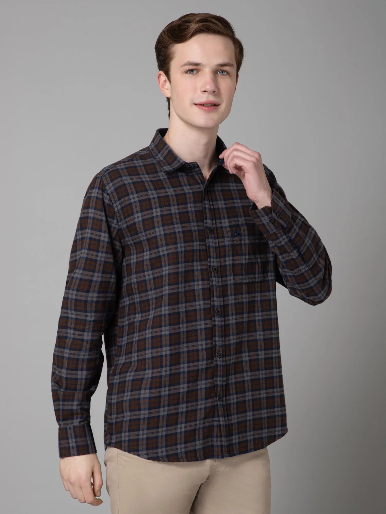 Men's Blue Casual Brushed Medium Checks Full Sleeve Shirt