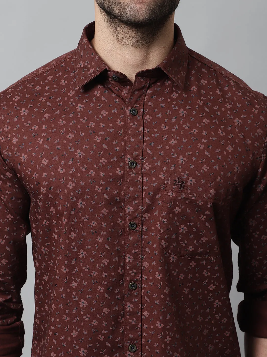 Men's Burgundy Casual Floral Print Full Sleeve Shirt