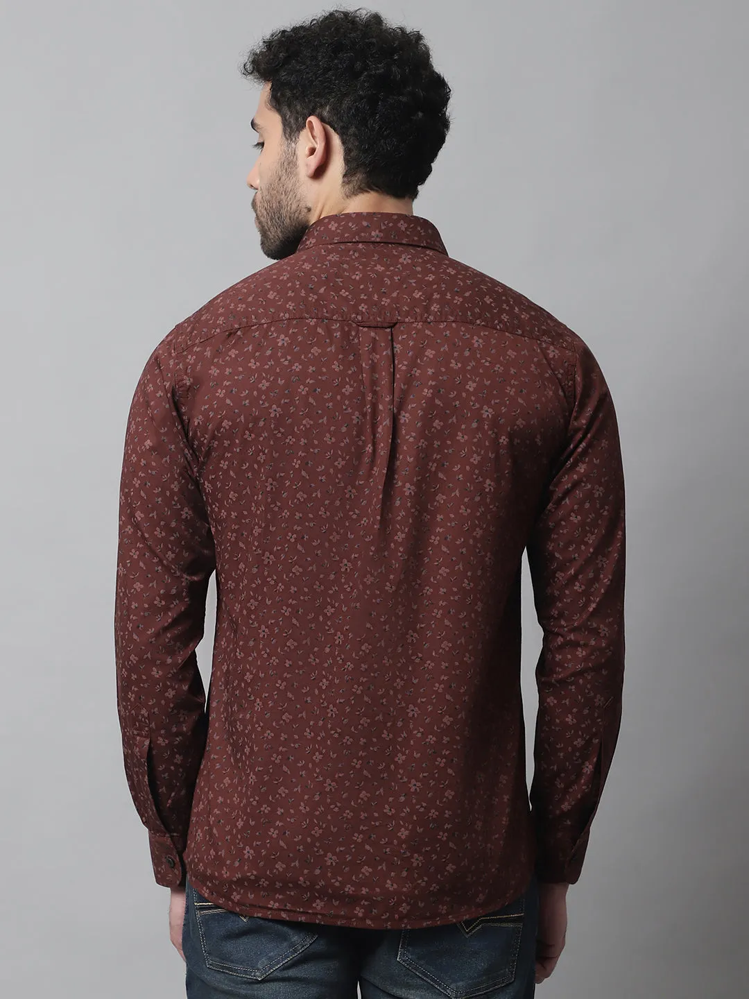 Men's Burgundy Casual Floral Print Full Sleeve Shirt