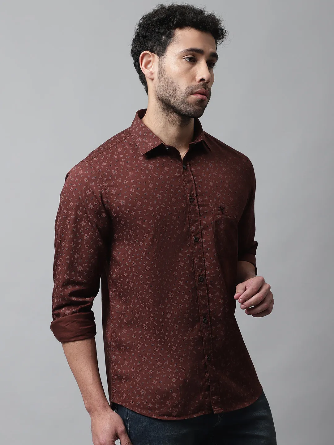 Men's Burgundy Casual Floral Print Full Sleeve Shirt