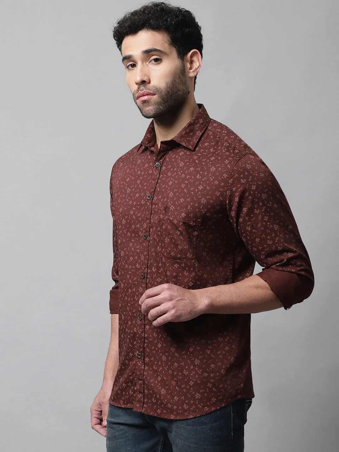 Men's Burgundy Casual Floral Print Full Sleeve Shirt