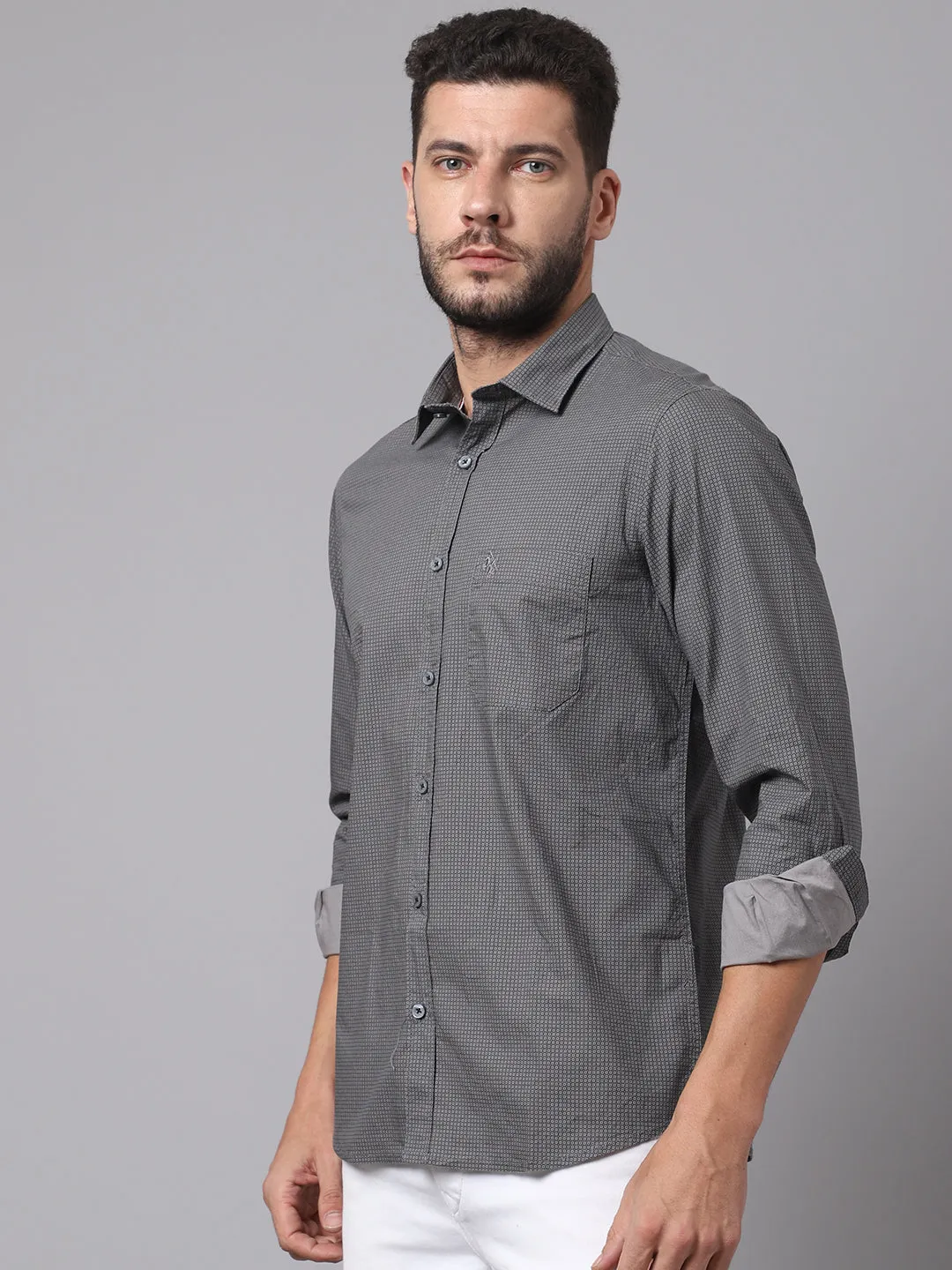 Men's Dark Grey Casual Micro Checks Full Sleeve Shirt