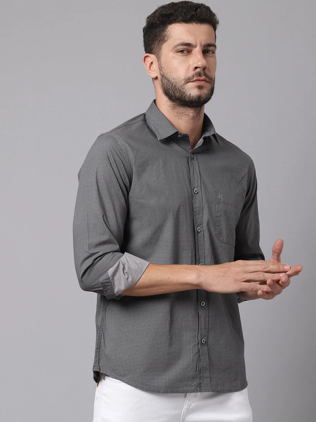 Men's Dark Grey Casual Micro Checks Full Sleeve Shirt