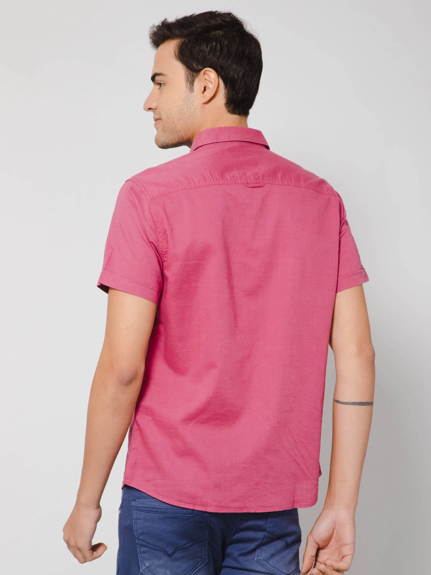 Men's Dark Pink Casual Plain Half Sleeve Shirt