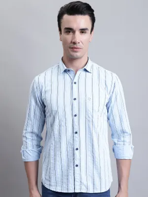 Men's Light Blue Casual Stripe Print Full Sleeve Shirt