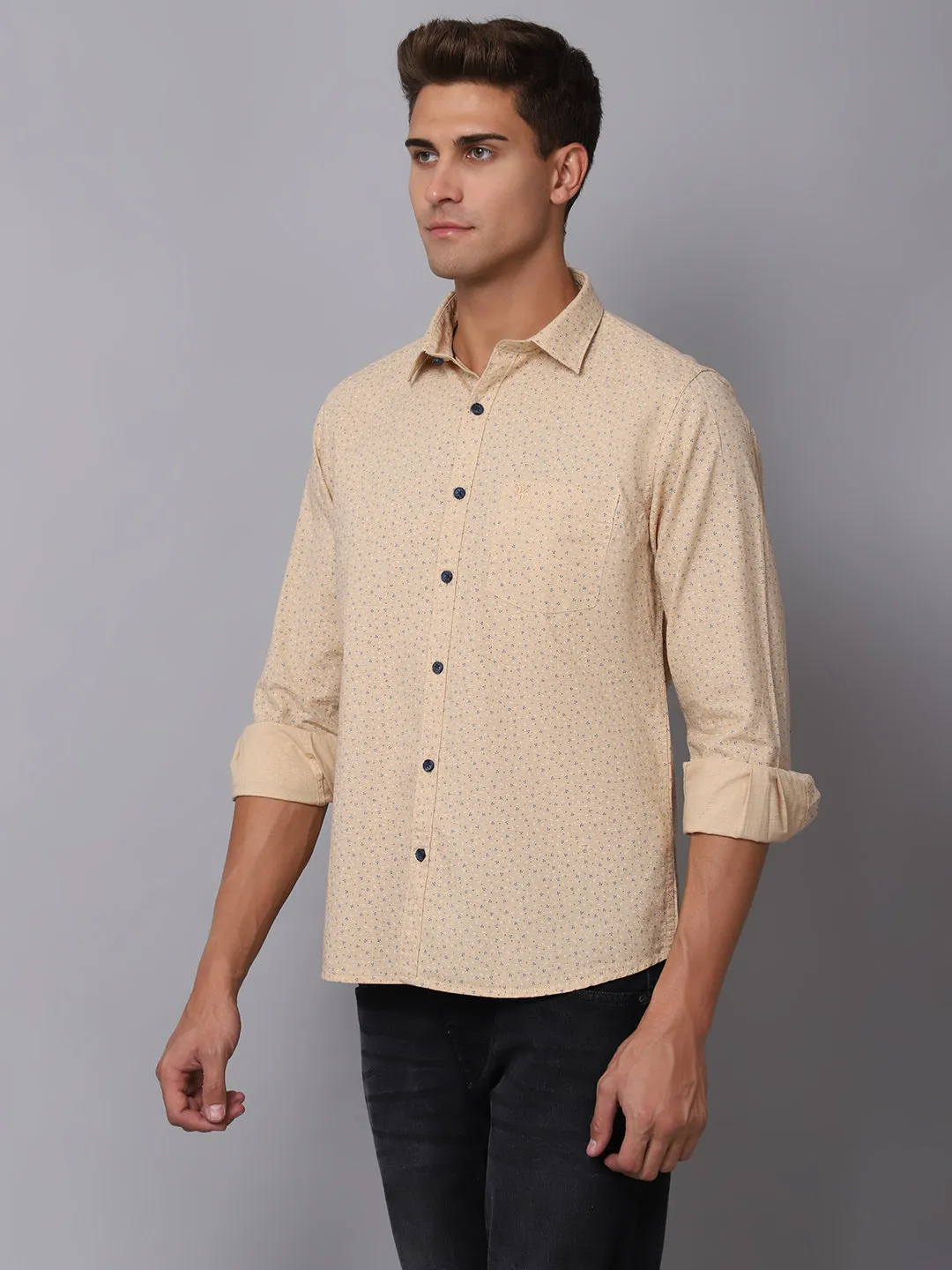 Men's Light Khaki Casual Ditsy Print Full Sleeve Shirt