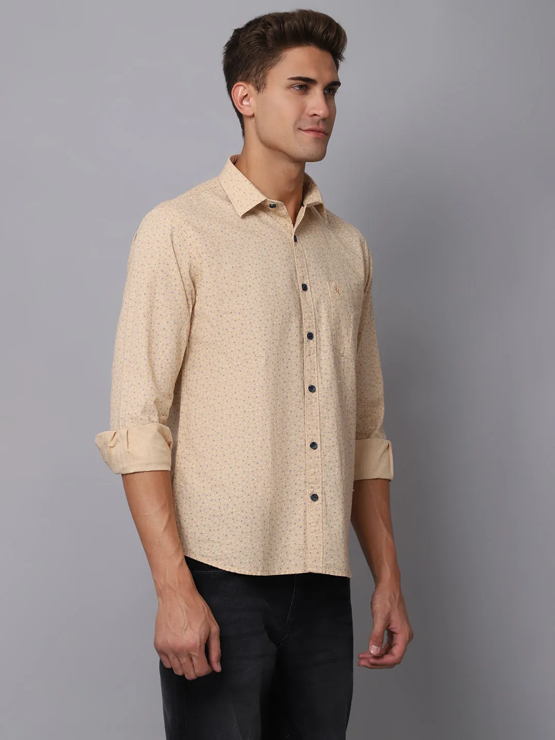 Men's Light Khaki Casual Ditsy Print Full Sleeve Shirt