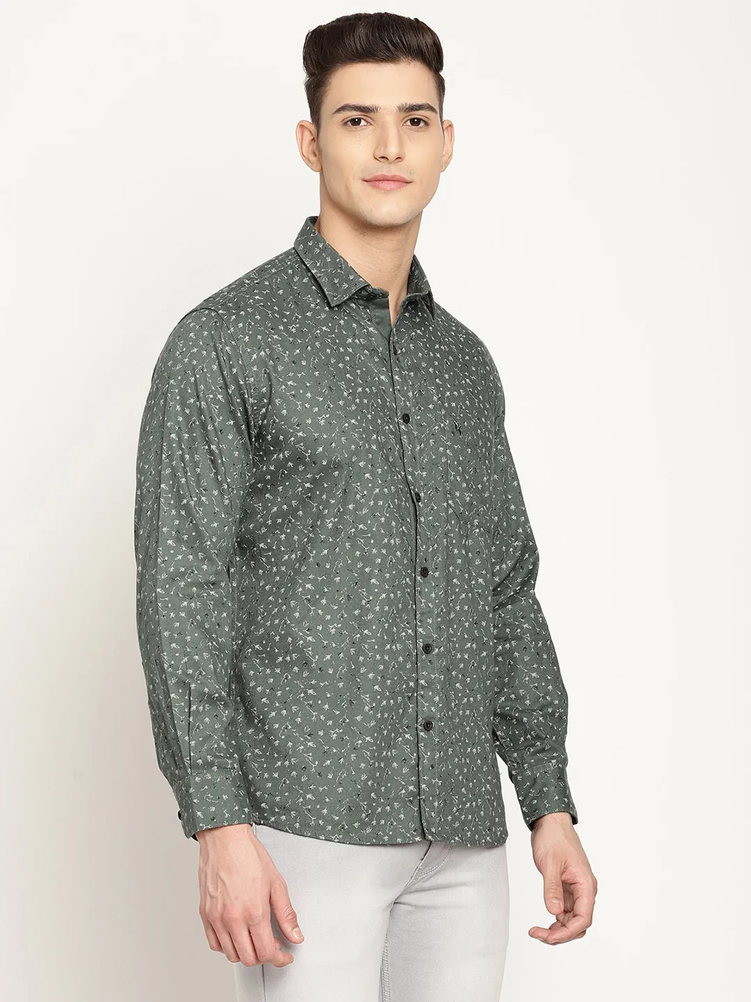 Men's Light Olive Green Casual Floral Print Full Sleeve Shirt