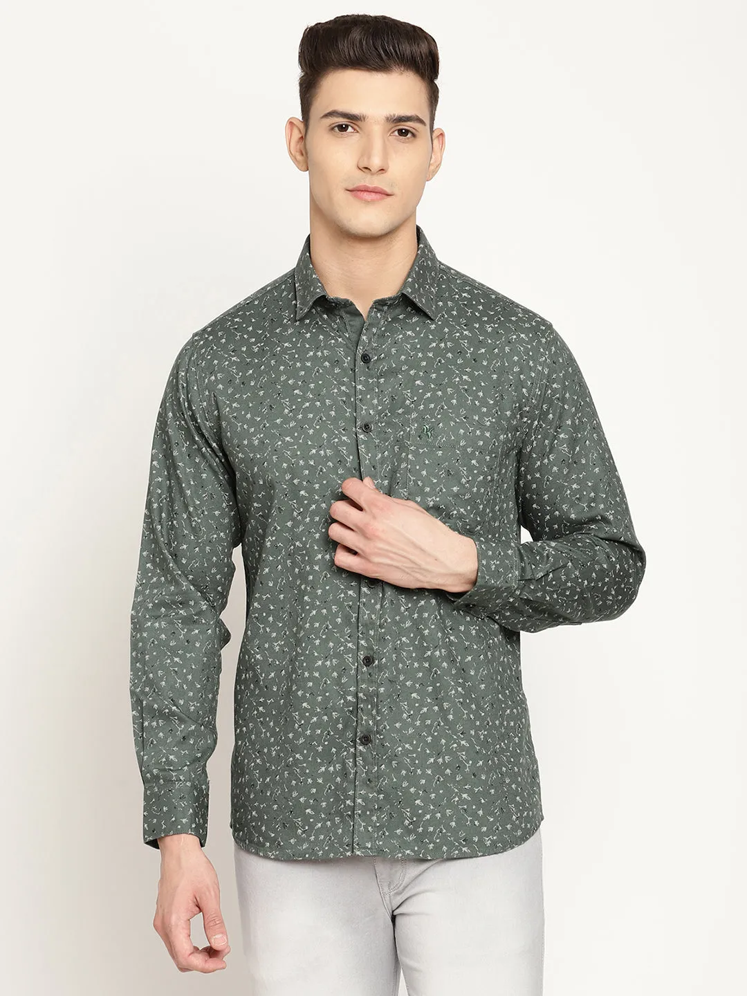 Men's Light Olive Green Casual Floral Print Full Sleeve Shirt