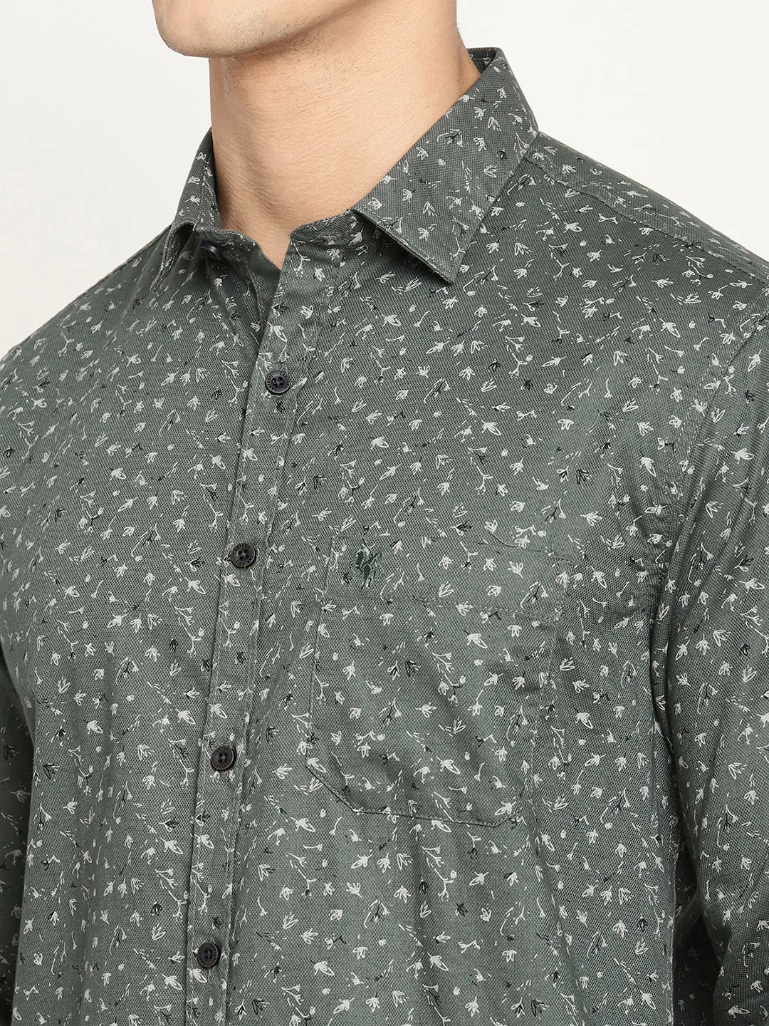 Men's Light Olive Green Casual Floral Print Full Sleeve Shirt