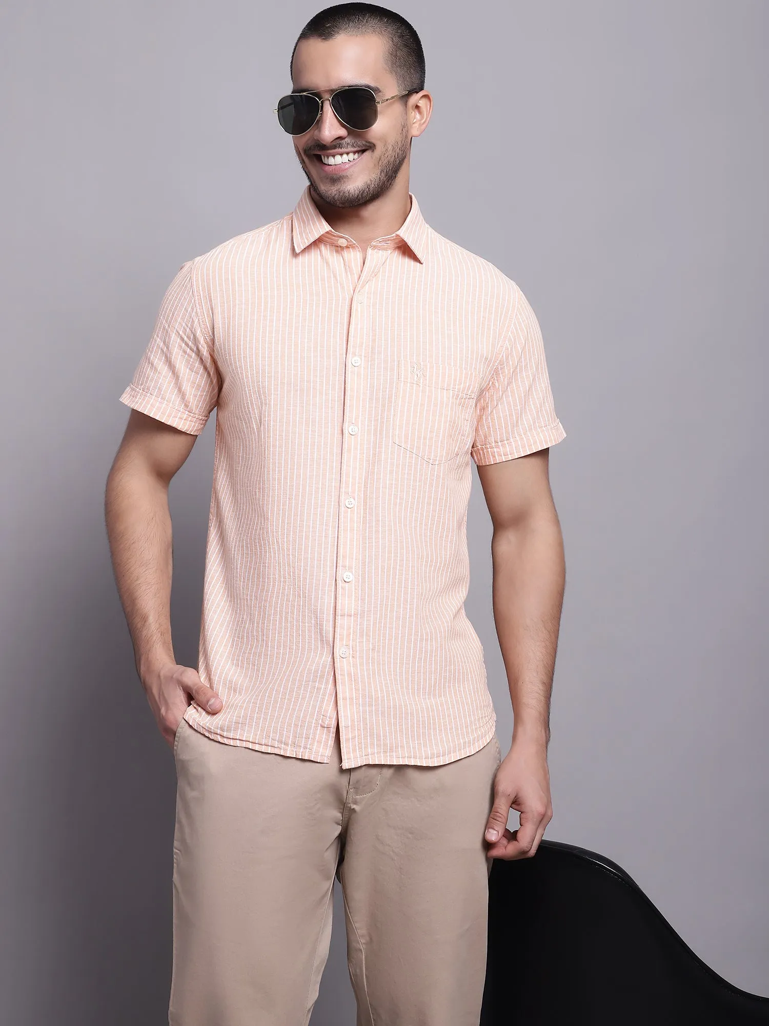 Men's Light Orange Casual Thin Stripe Half Sleeve Shirt