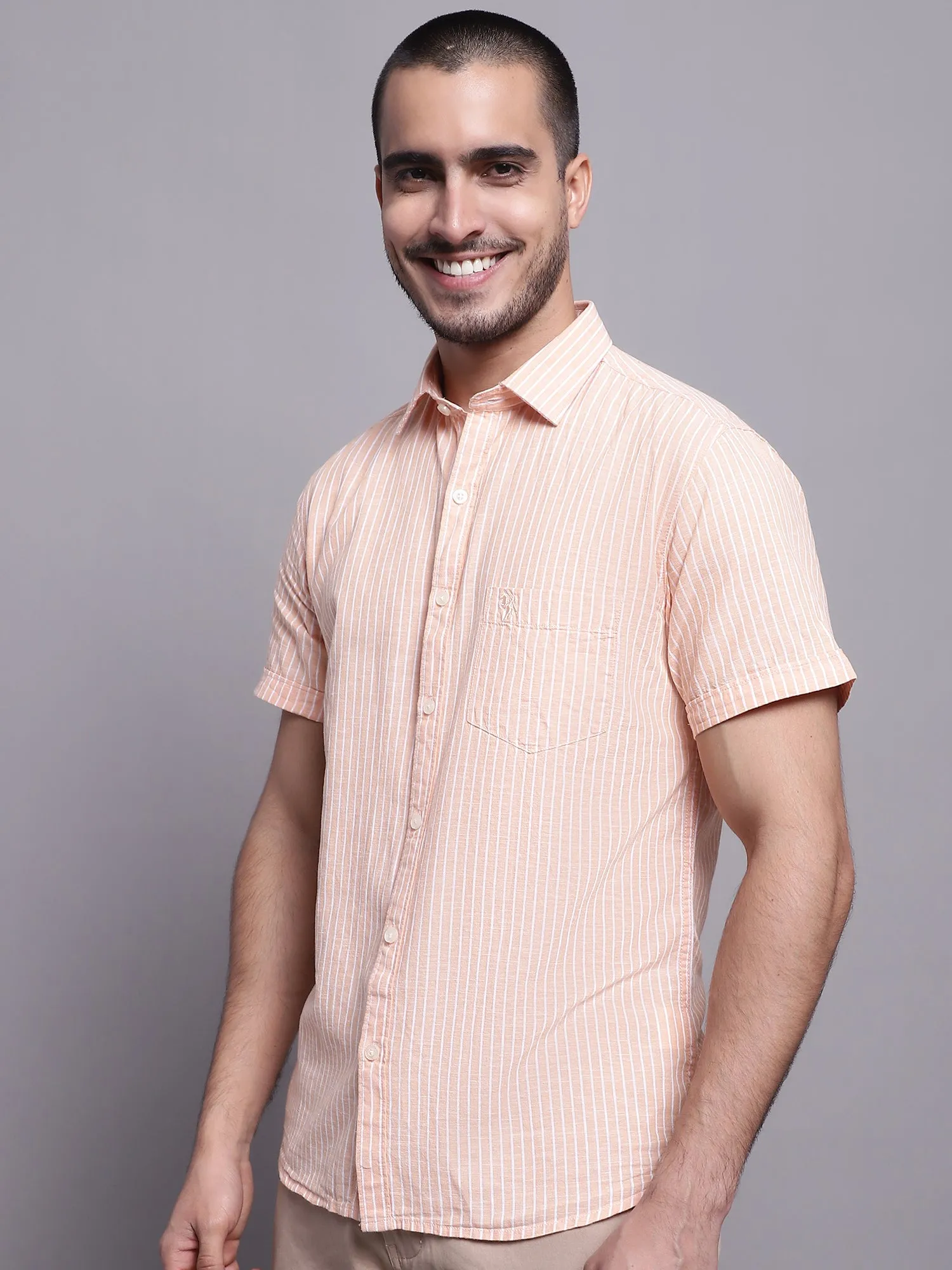 Men's Light Orange Casual Thin Stripe Half Sleeve Shirt