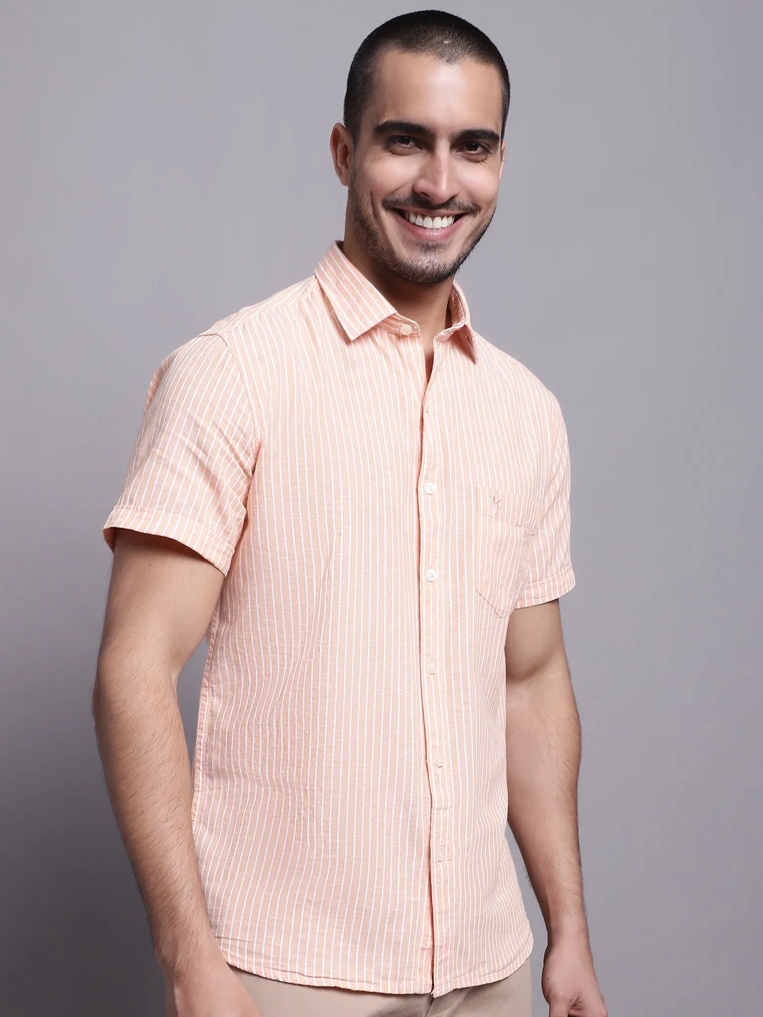 Men's Light Orange Casual Thin Stripe Half Sleeve Shirt