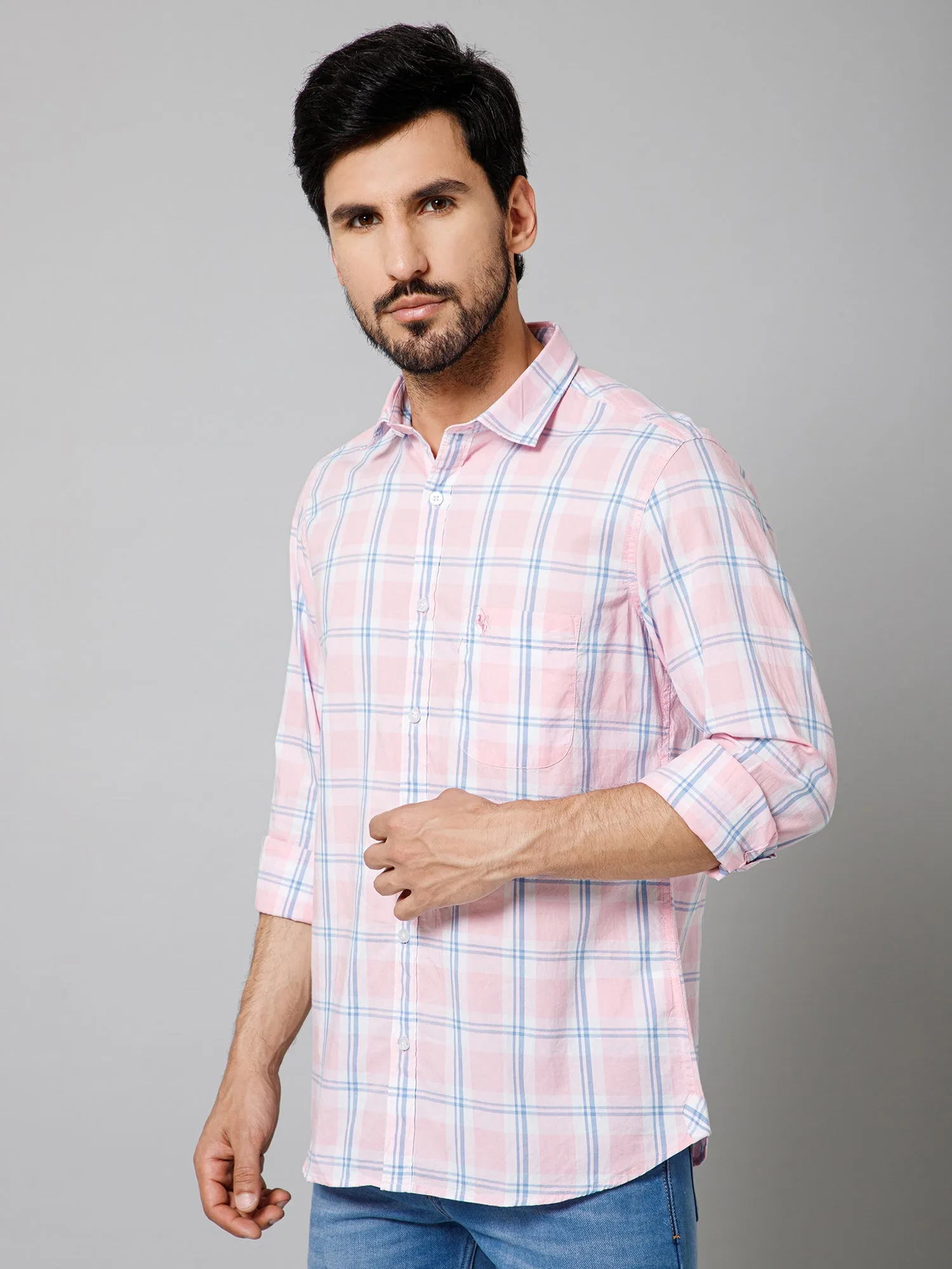 Men's Light Pink Casual Big Checks Full Sleeve Shirt