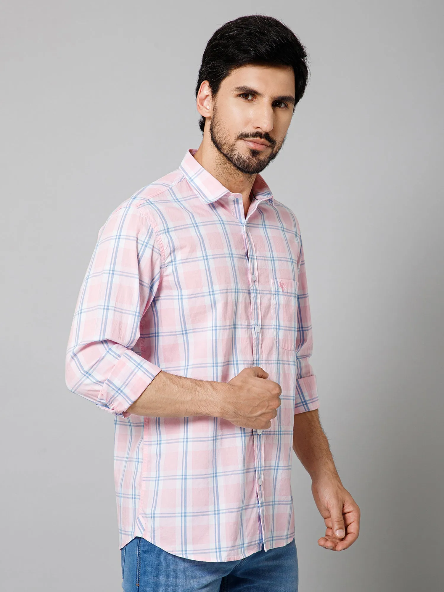 Men's Light Pink Casual Big Checks Full Sleeve Shirt