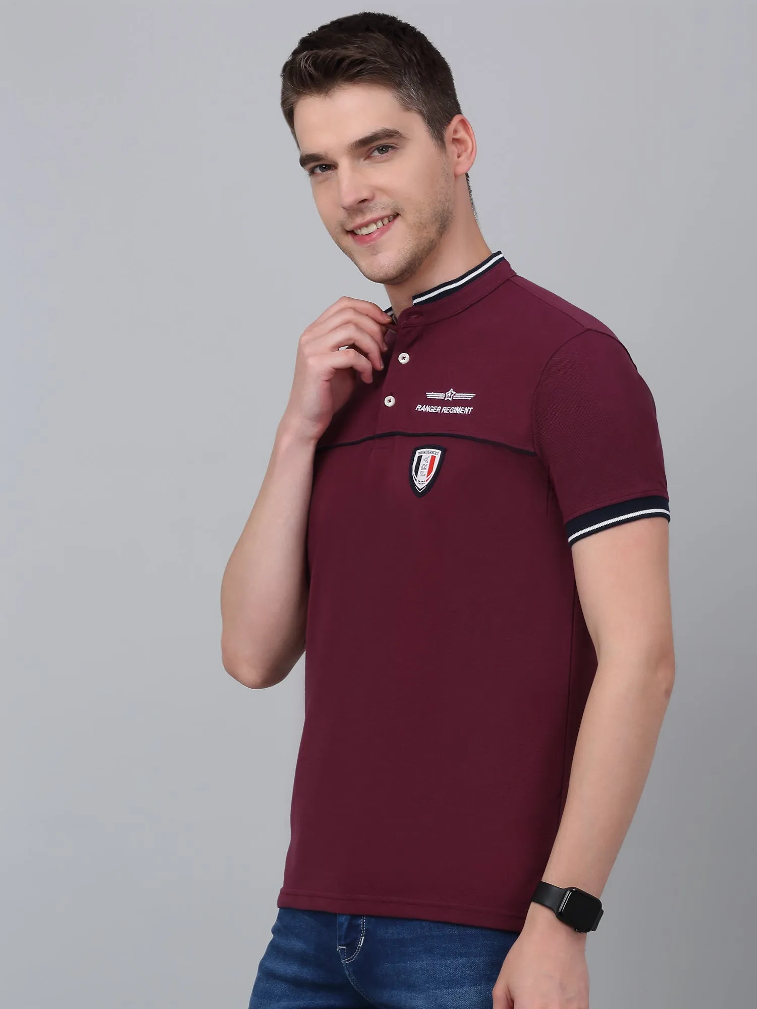 Men's Maroon Printed Mandarin Collar T-shirt