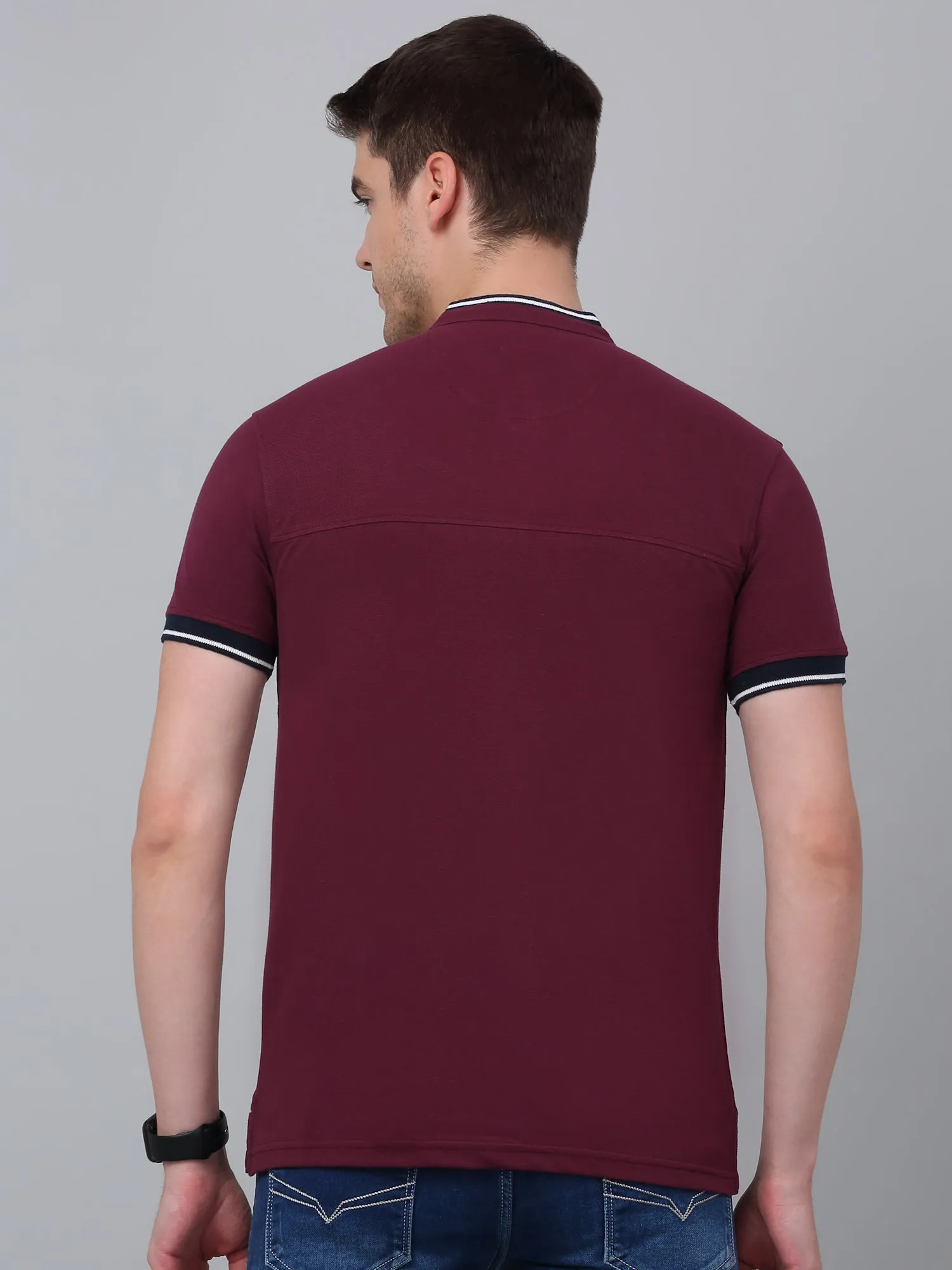 Men's Maroon Printed Mandarin Collar T-shirt